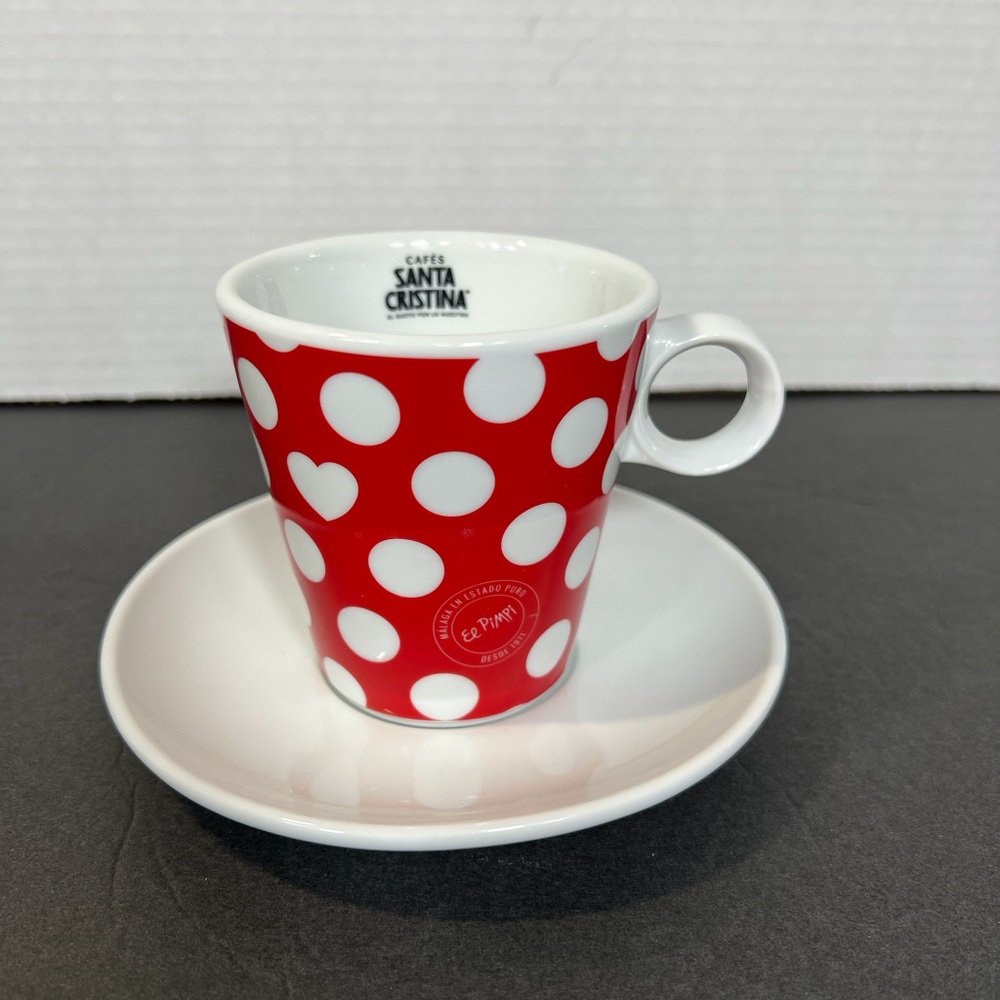 El Pimpi Polka Dot Espresso Cup & Saucer Red White Malaga Spain Café Bistro